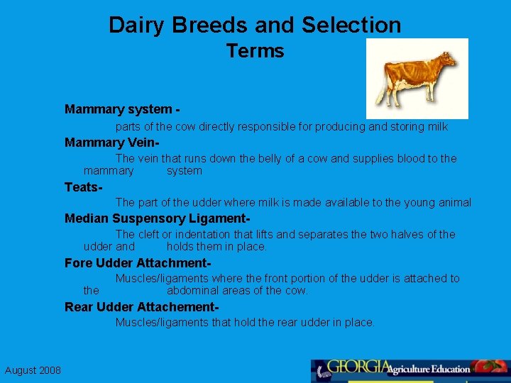Dairy Breeds and Selection Terms Mammary system parts of the cow directly responsible for