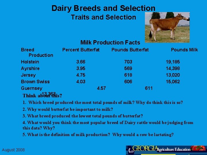 Dairy Breeds and Selection Traits and Selection Milk Production Facts Breed Percent Butterfat Production