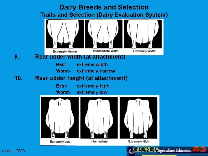 Dairy Breeds and Selection Traits and Selection (Dairy Evaluation System) 9. Rear udder width