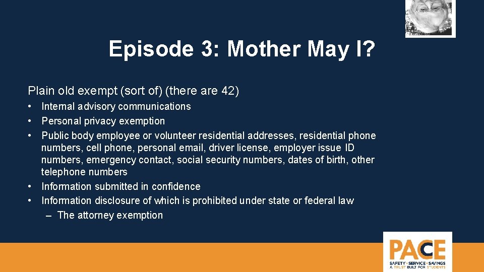 Episode 3: Mother May I? Plain old exempt (sort of) (there are 42) •