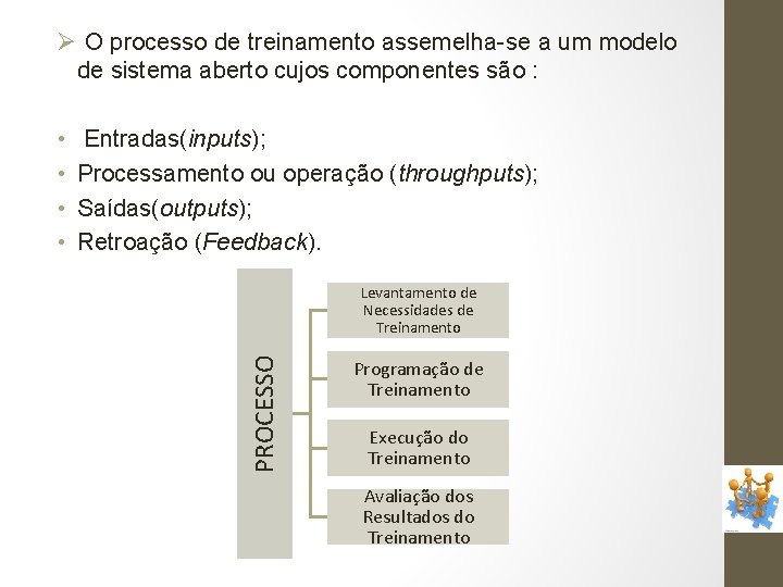 Ø O processo de treinamento assemelha-se a um modelo de sistema aberto cujos componentes