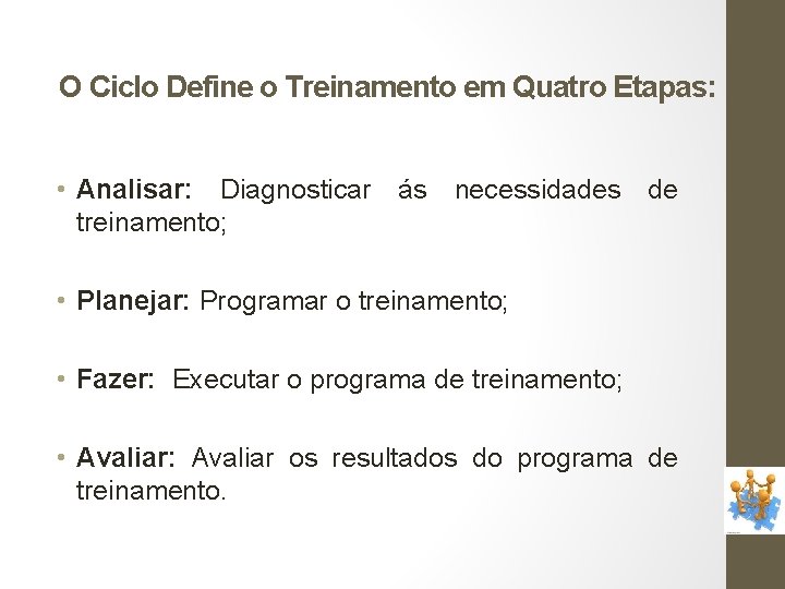 O Ciclo Define o Treinamento em Quatro Etapas: • Analisar: Diagnosticar ás necessidades de