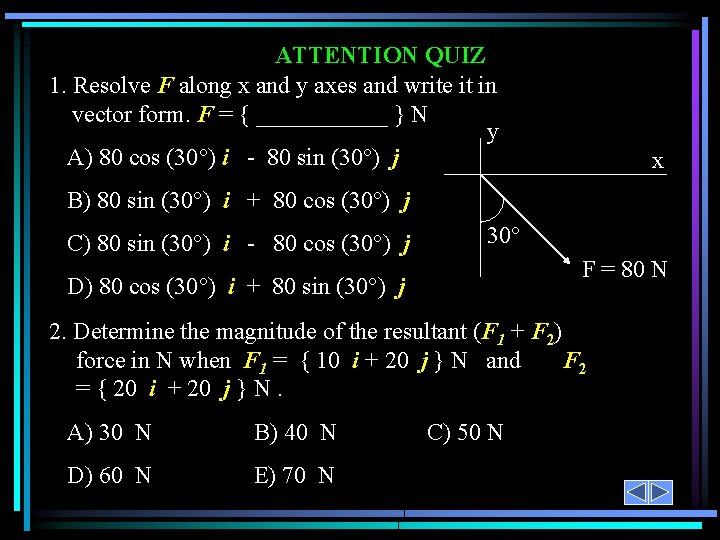 ATTENTION QUIZ 1. Resolve F along x and y axes and write it in