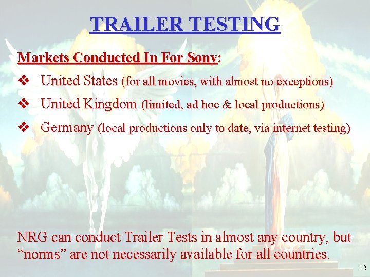 TRAILER TESTING Markets Conducted In For Sony: v United States (for all movies, with