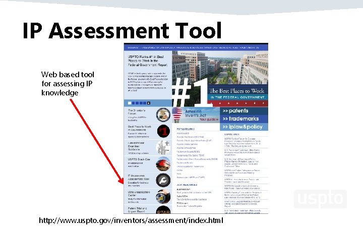 IP Assessment Tool Web based tool for assessing IP knowledge http: //www. uspto. gov/inventors/assessment/index.