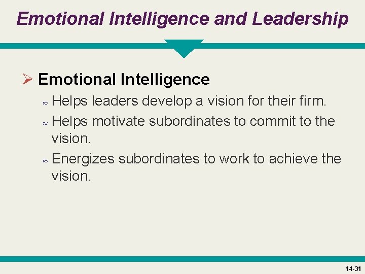 Emotional Intelligence and Leadership Ø Emotional Intelligence ≈ Helps leaders develop a vision for