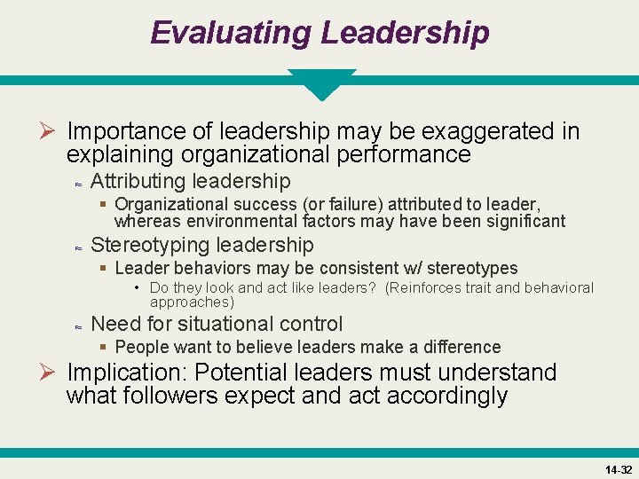 Evaluating Leadership Ø Importance of leadership may be exaggerated in explaining organizational performance ≈