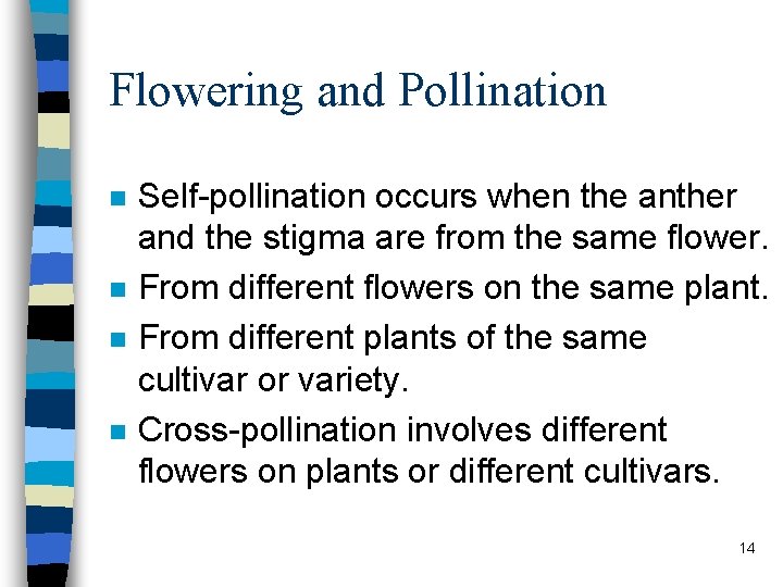 Flowering and Pollination n n Self-pollination occurs when the anther and the stigma are
