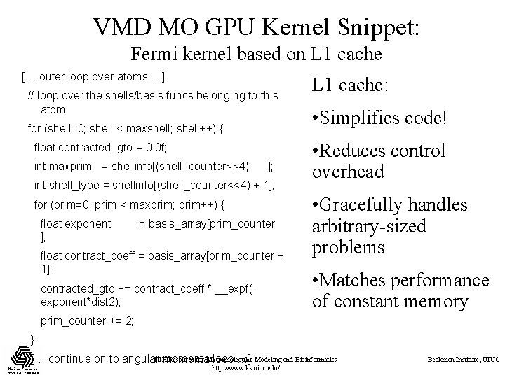 VMD MO GPU Kernel Snippet: Fermi kernel based on L 1 cache [… outer