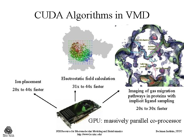 CUDA Algorithms in VMD Ion placement 20 x to 44 x faster Electrostatic field