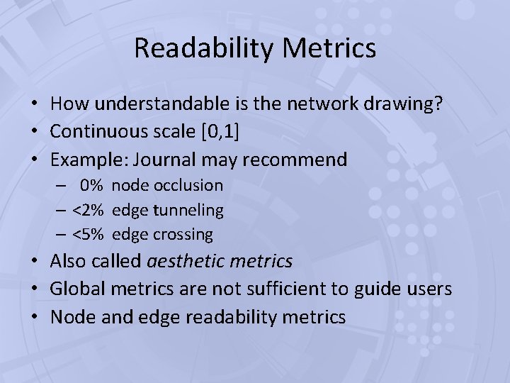 Readability Metrics • How understandable is the network drawing? • Continuous scale [0, 1]