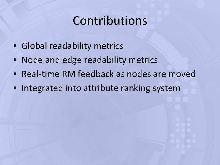 Contributions • • Global readability metrics Node and edge readability metrics Real-time RM feedback Contributions • • Global readability metrics Node and edge readability metrics Real-time RM feedback