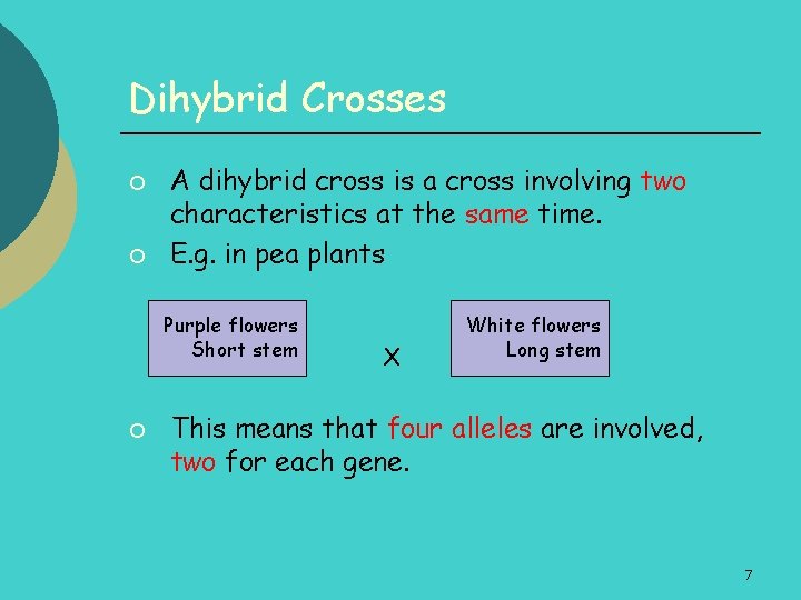 Dihybrid Crosses ¡ ¡ A dihybrid cross is a cross involving two characteristics at