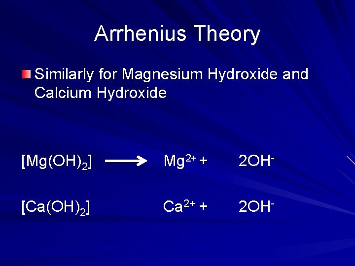 Arrhenius Theory Similarly for Magnesium Hydroxide and Calcium Hydroxide [Mg(OH)2] Mg 2+ + 2