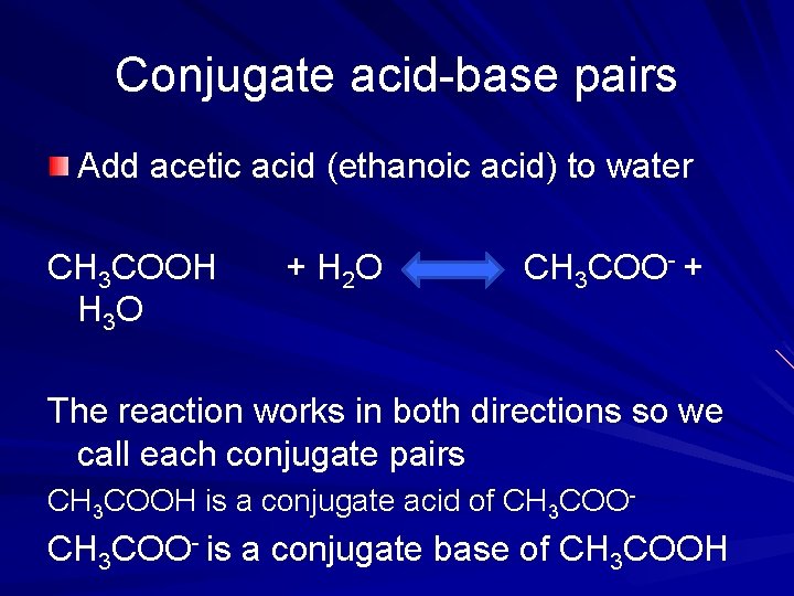 Conjugate acid-base pairs Add acetic acid (ethanoic acid) to water CH 3 COOH H