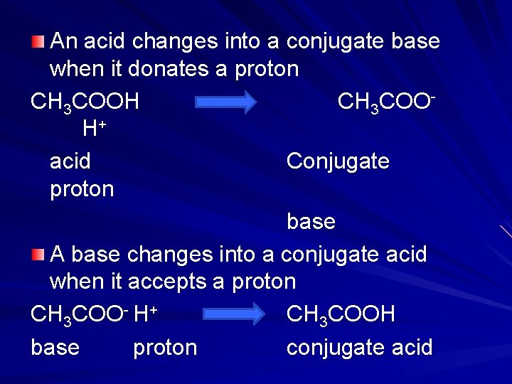 An acid changes into a conjugate base when it donates a proton CH 3