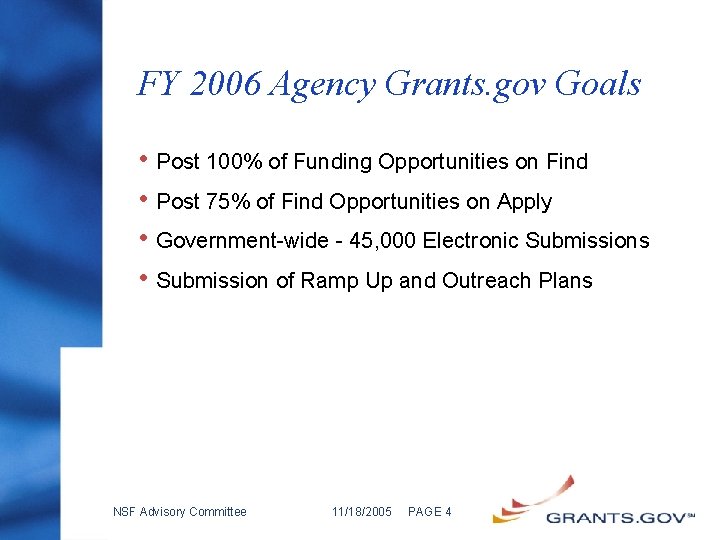 FY 2006 Agency Grants. gov Goals • Post 100% of Funding Opportunities on Find