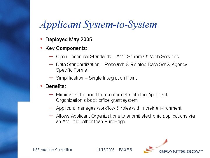 Applicant System-to-System • • • Deployed May 2005 Key Components: – – Open Technical