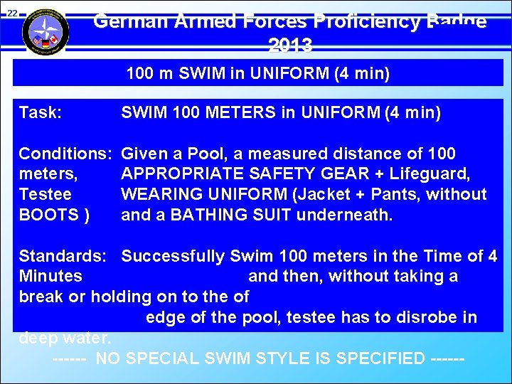 22 German Armed Forces Proficiency Badge 2013 100 m SWIM in UNIFORM (4 min)