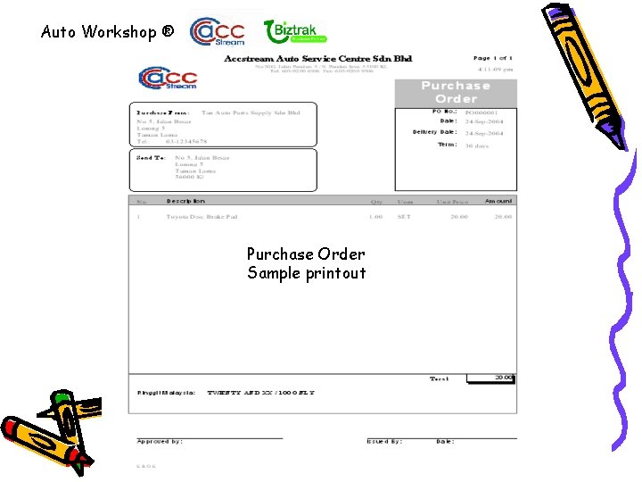 Auto Workshop ® Purchase Order Sample printout 