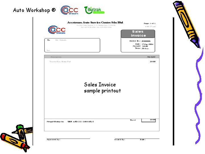 Auto Workshop ® Sales Invoice sample printout 