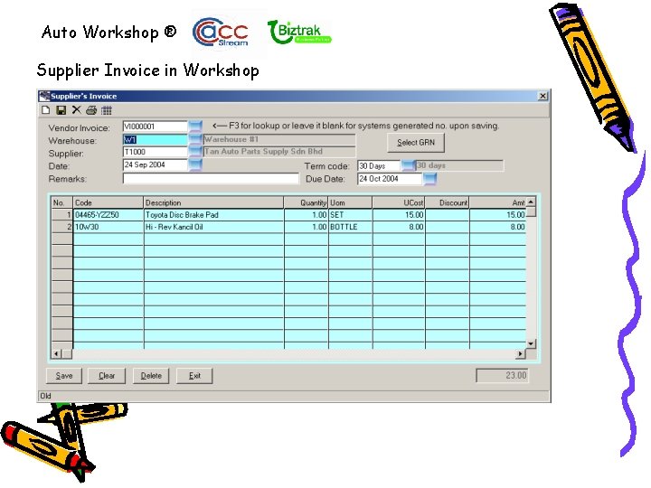 Auto Workshop ® Supplier Invoice in Workshop 