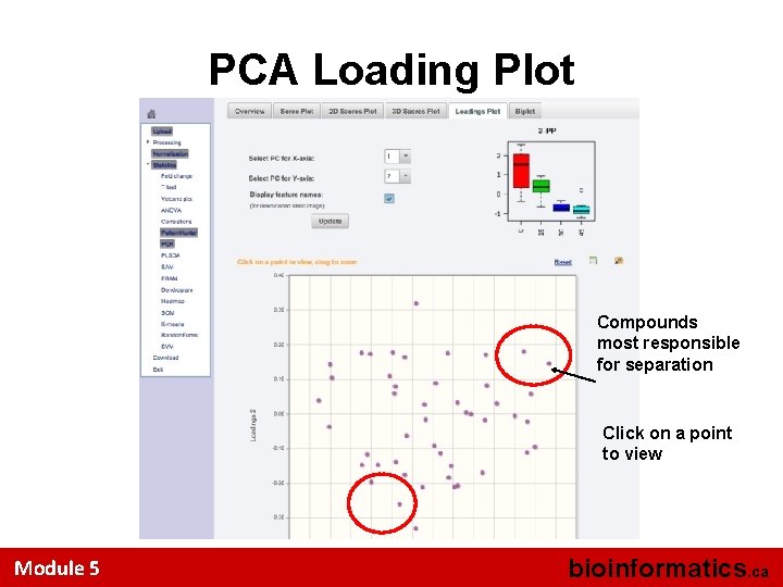 PCA Loading Plot Compounds most responsible for separation Click on a point to view