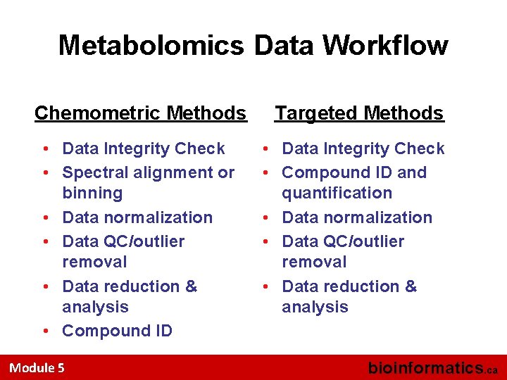 Metabolomics Data Workflow Chemometric Methods • Data Integrity Check • Spectral alignment or binning