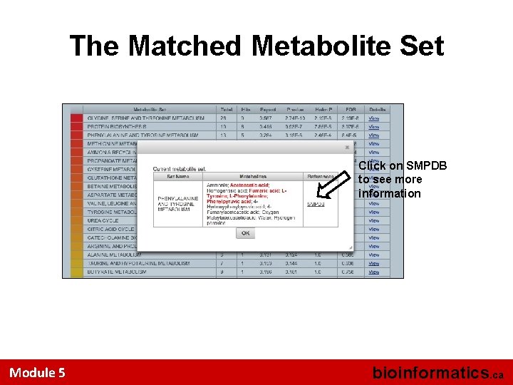 The Matched Metabolite Set Click on SMPDB to see more information Module 5 bioinformatics.