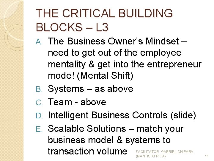 THE CRITICAL BUILDING BLOCKS – L 3 A. B. C. D. E. The Business