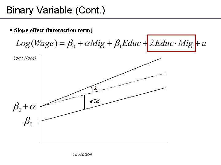 Binary Variable (Cont. ) § Slope effect (interaction term) 