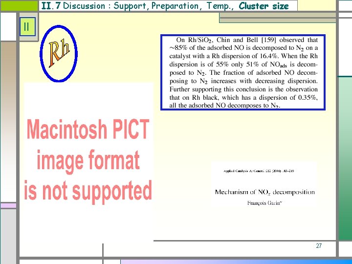 II. 7 Discussion : Support, Preparation, Temp. , Cluster size II 27 