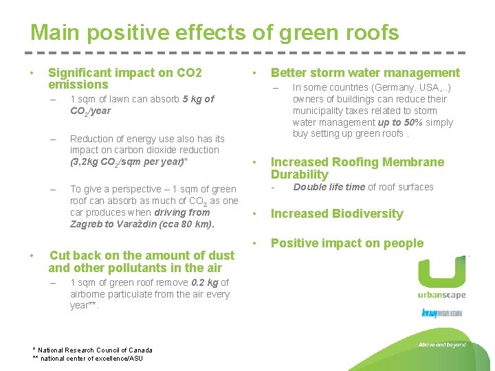 Main positive effects of green roofs • Significant impact on CO 2 emissions –
