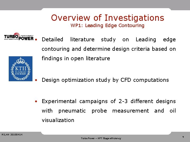 Overview of Investigations WP 1: Leading Edge Contouring • Detailed literature study on Leading