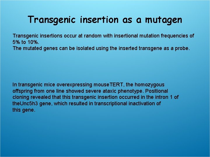 Transgenic insertion as a mutagen Transgenic insertions occur at random with insertional mutation frequencies