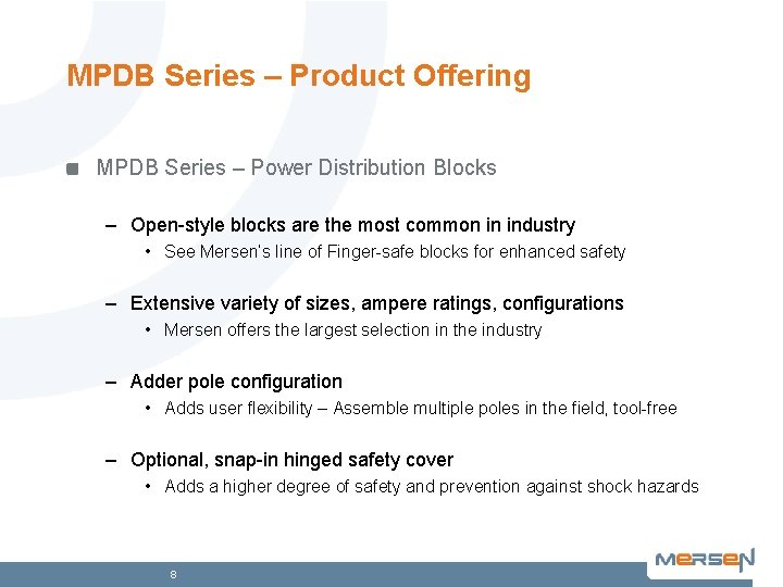 MPDB Series – Product Offering MPDB Series – Power Distribution Blocks – Open-style blocks