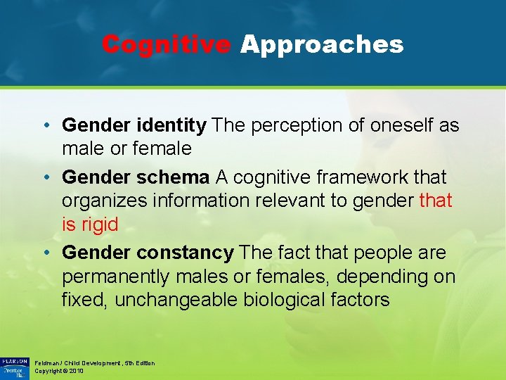Cognitive Approaches • Gender identity The perception of oneself as male or female •