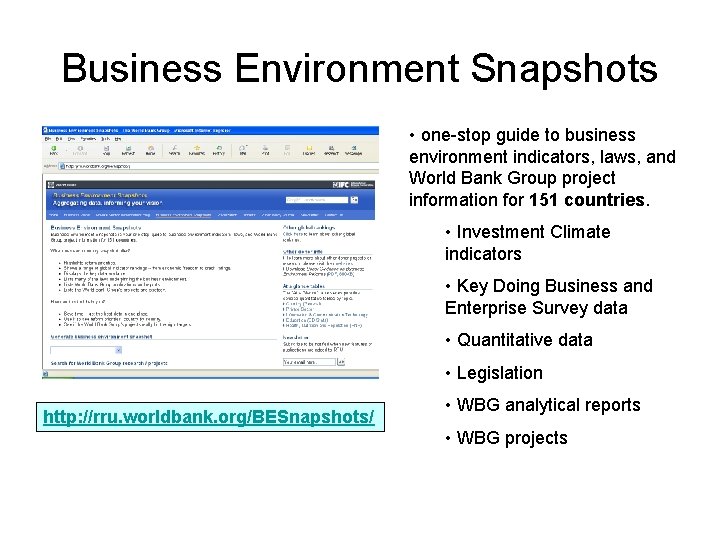 Business Environment Snapshots • one-stop guide to business environment indicators, laws, and World Bank