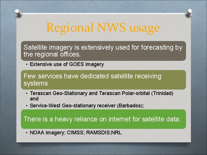 Regional NWS usage Satellite imagery is extensively used forecasting by the regional offices. •