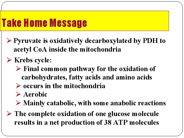 Take Home Message Ø Pyruvate is oxidatively decarboxylated by PDH to acetyl Co. A