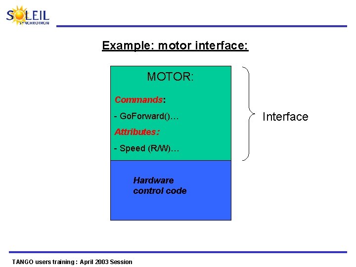 Example: motor interface: MOTOR: Commands: - Go. Forward()… Attributes: - Speed (R/W)… Hardware control