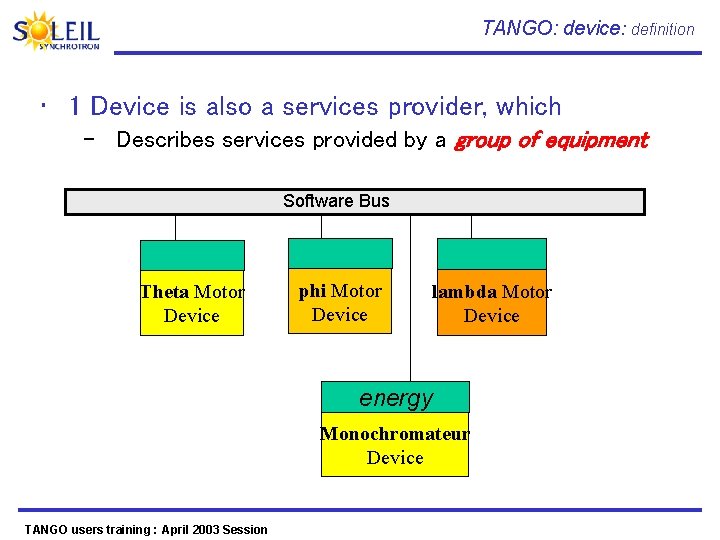 TANGO: device: definition • 1 Device is also a services provider, which – Describes