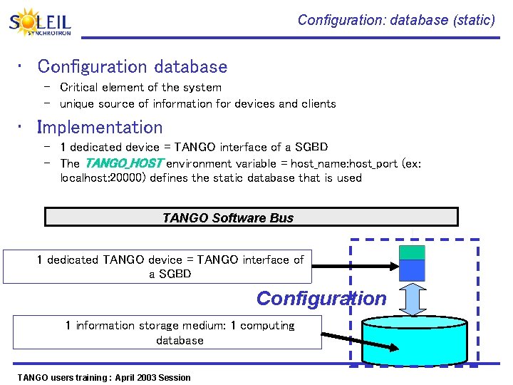 Configuration: database (static) • Configuration database – Critical element of the system – unique