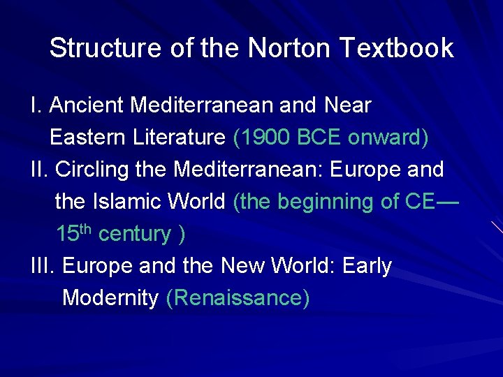 Structure of the Norton Textbook I. Ancient Mediterranean and Near Eastern Literature (1900 BCE