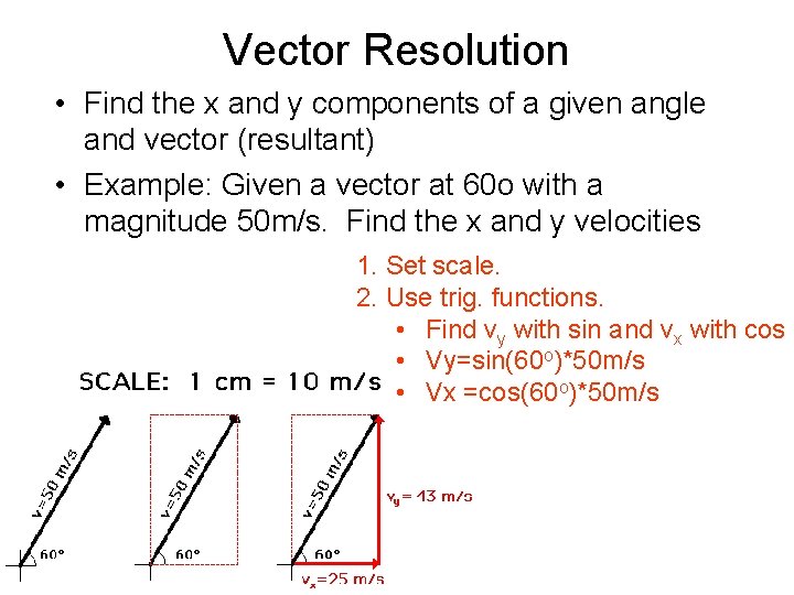 Vector Resolution • Find the x and y components of a given angle and