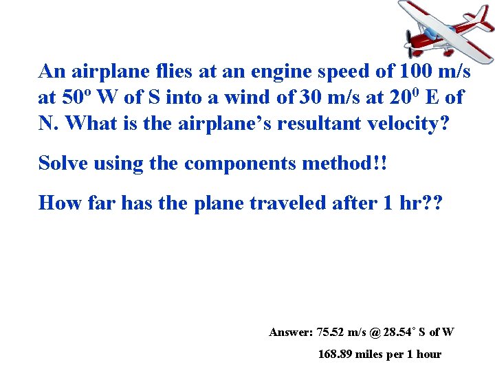 An airplane flies at an engine speed of 100 m/s at 50º W of