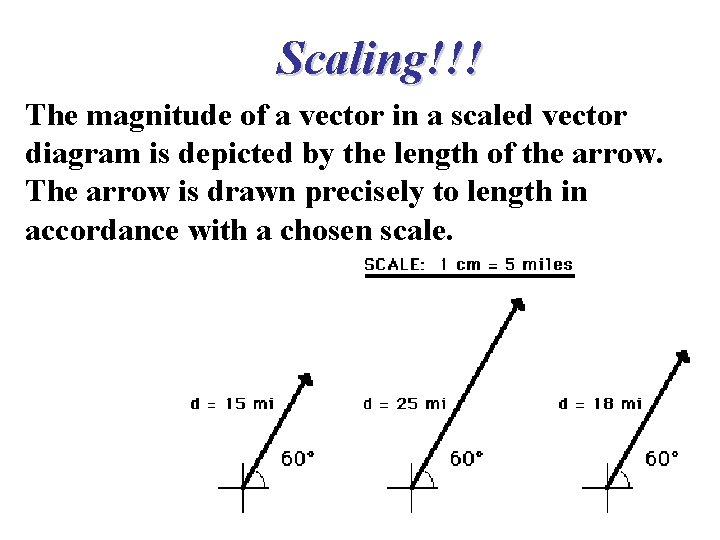 Scaling!!! The magnitude of a vector in a scaled vector diagram is depicted by