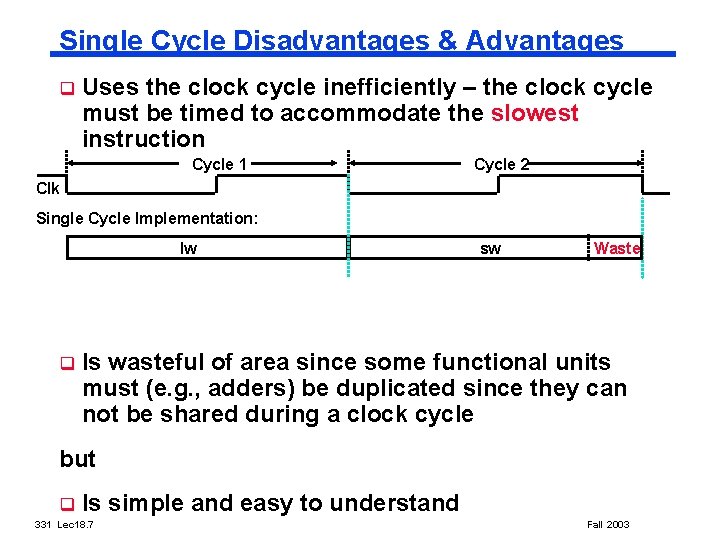 Single Cycle Disadvantages & Advantages q Uses the clock cycle inefficiently – the clock