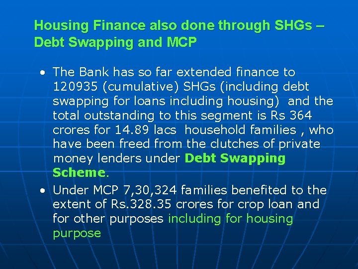 Housing Finance also done through SHGs – Debt Swapping and MCP • The Bank