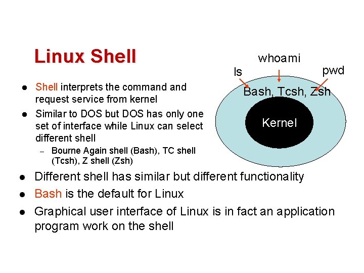 Linux Shell l l Shell interprets the command request service from kernel Similar to